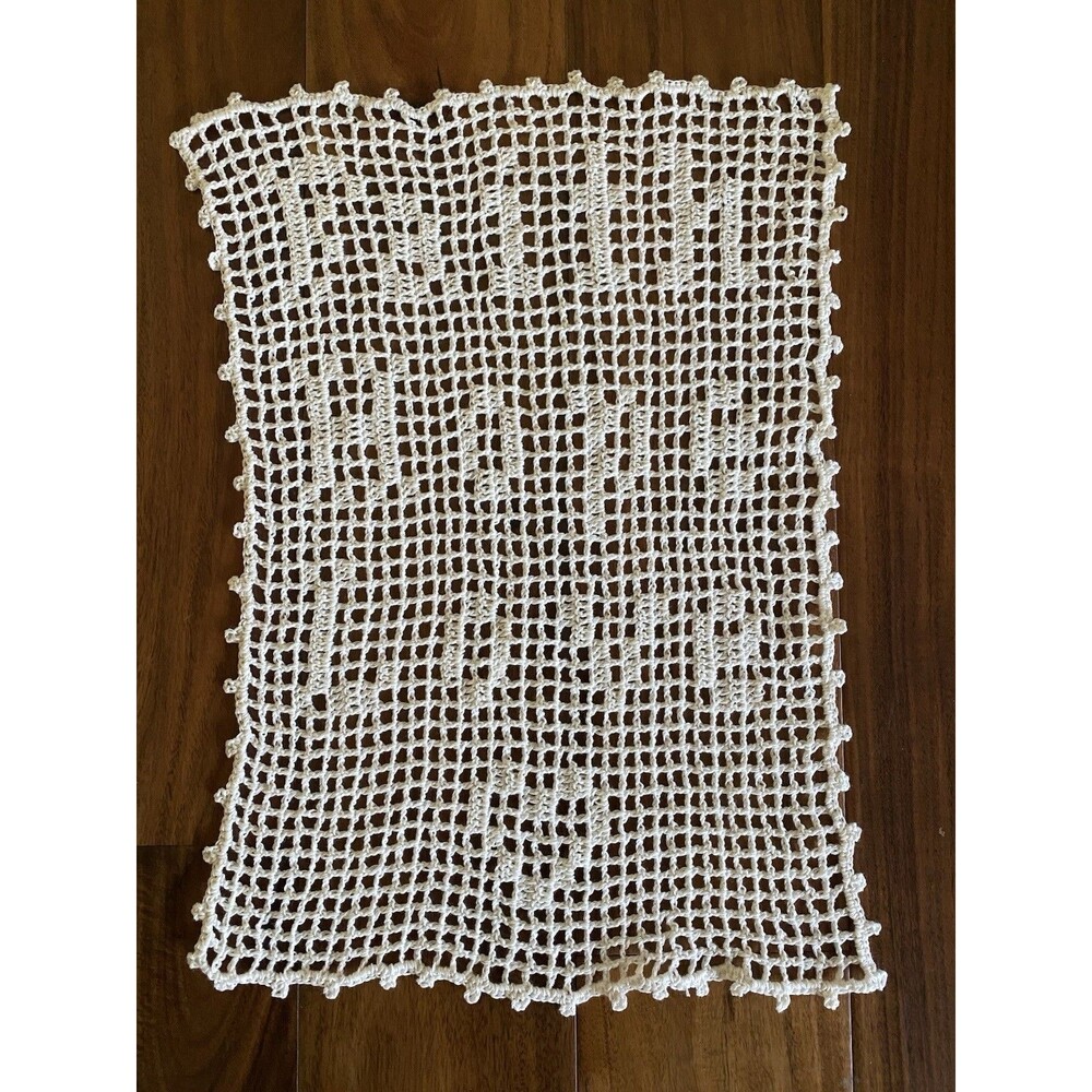 Vintage Handmade Crochet White Doily Filet ” Faith Hope Love” 16” * 11”